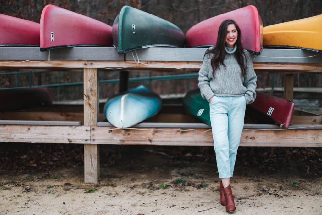 blue chino pants, grey turtleneck chunky knit sweater, anthropologie, nc fashion blogger, style blog north carolina, pretty in the pines, leather brown joey booties sam edelman