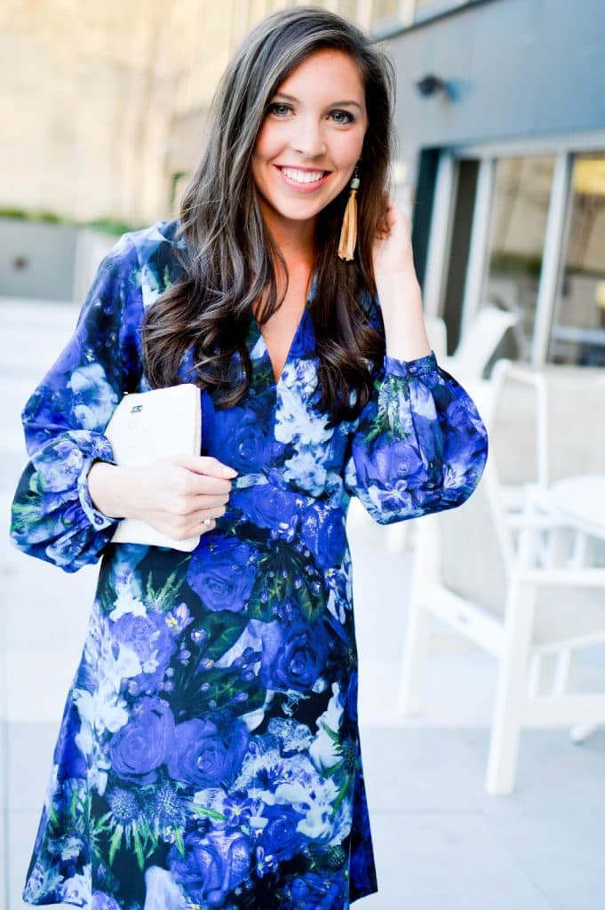 Blue Floral Dress for spring, spring outfit ideas, spring trends, blue florals, floral dresses, best floral dresses, affordable floral dress, pretty in the pines blog, north carolina fashion blogger, fashion blog, raven and riley earrings