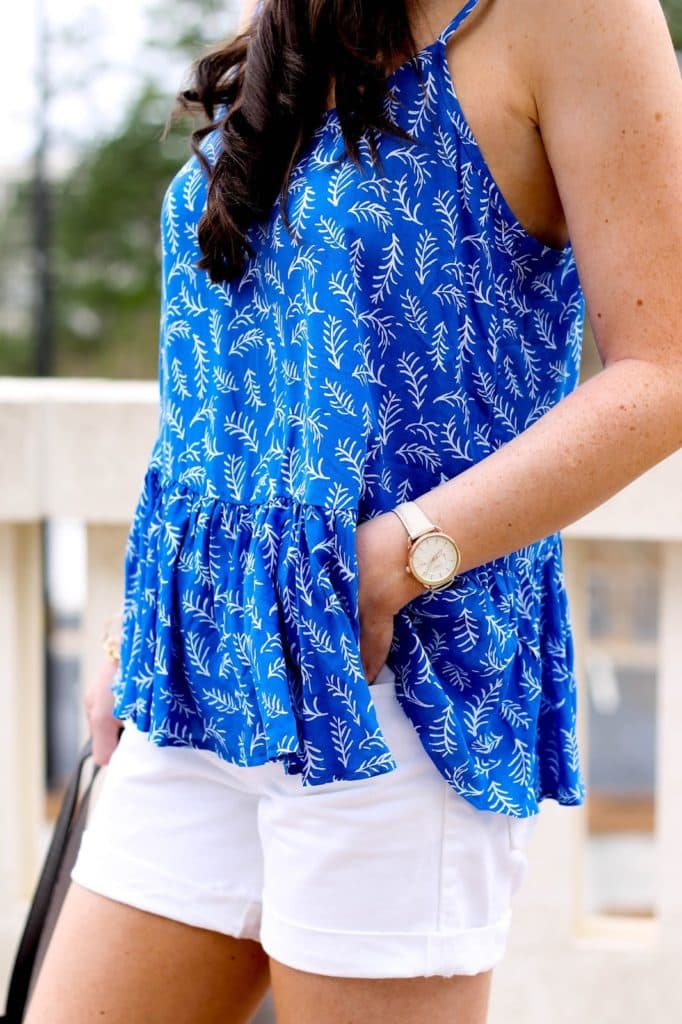 Old Navy Peplum Cami, Fashion Blogger, Raleigh North Carolina blog, pretty in the pines, white denim shorts, summer and spring outfit idea, cute outfit for spring, nordstrom sandals of the season, shelby vanhoy, old navy peplum printed tank
