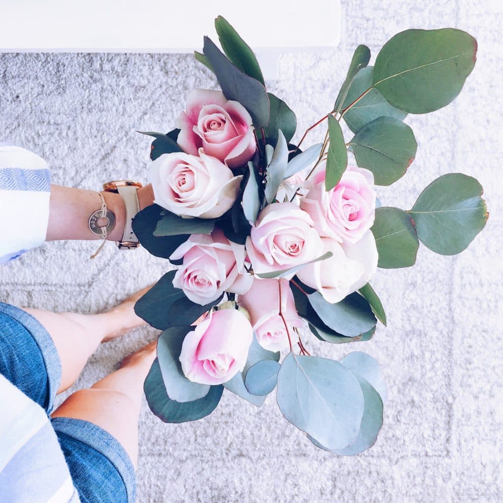 diy bouquet with pink roses and eucalyptus, my intent bracelet, pretty in the pines, fashion blog, shelby vanhoy