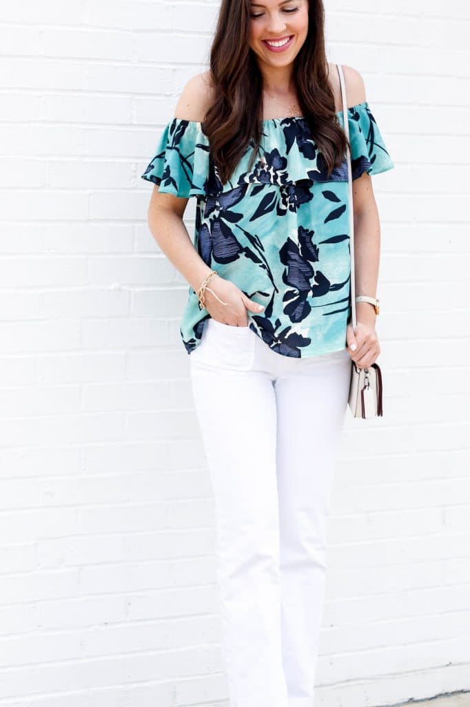 Anthropologie Islander Top, Floral off shoulder top, off-the-shoulder ruffle top with floral watercolor print, fashion blogger, pretty in the pines, white wide leg pants, wide-leg trousers denim, cute summer outfit idea, sam edelman pointy toe shoes, nc blogger, outfit ideas for summer