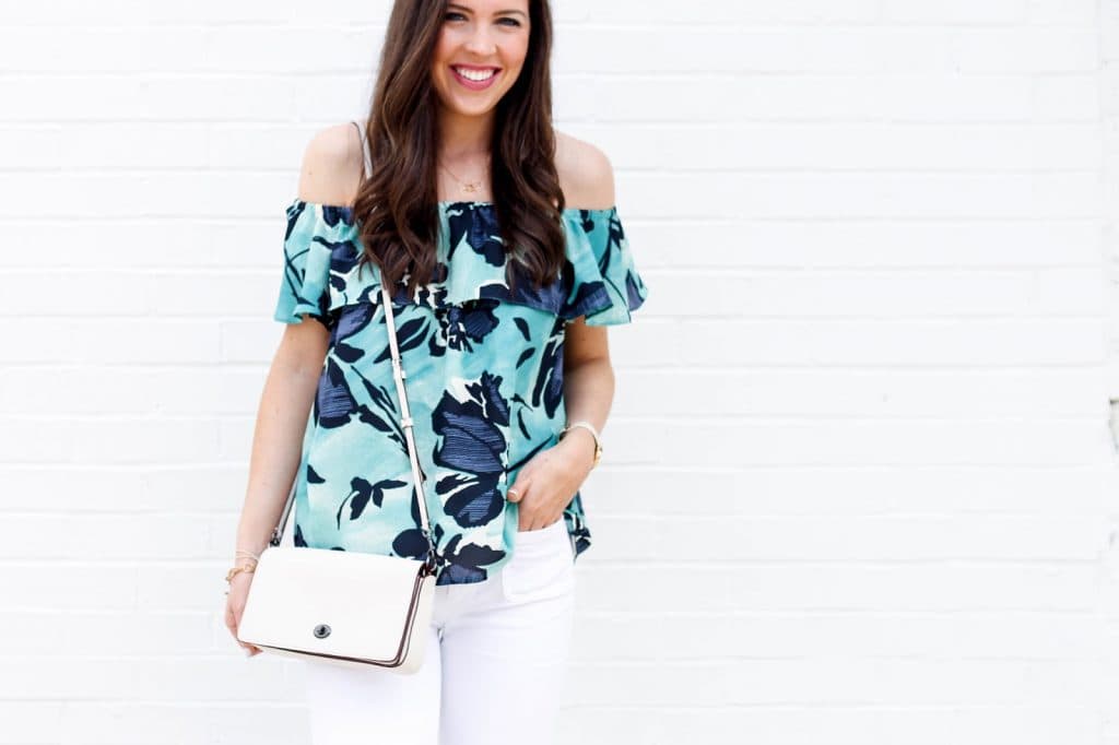 Anthropologie Islander Top, Floral off shoulder top, off-the-shoulder ruffle top with floral watercolor print, fashion blogger, pretty in the pines, white wide leg pants, wide-leg trousers denim, cute summer outfit idea, sam edelman pointy toe shoes, nc blogger, outfit ideas for summer