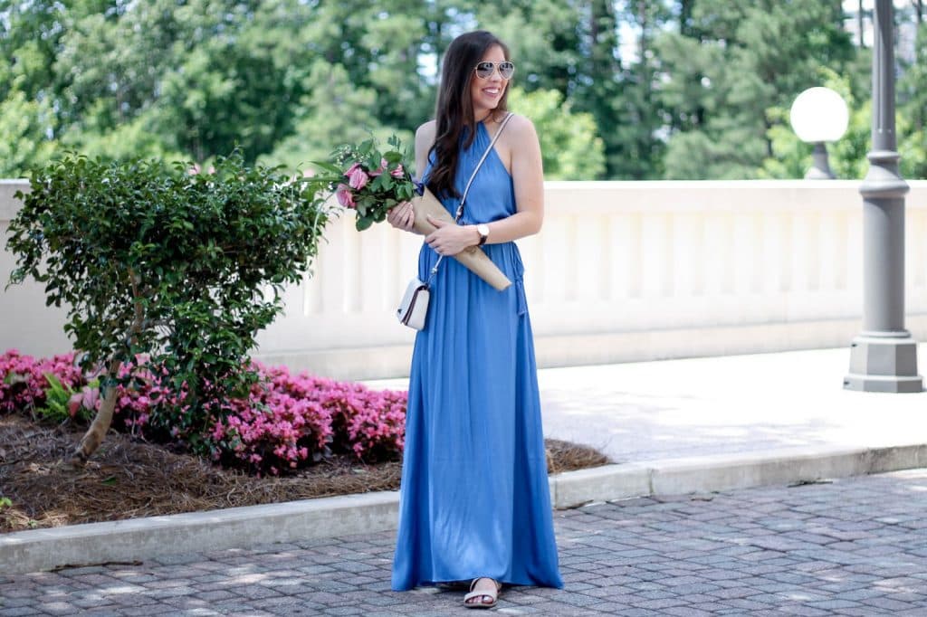 How to Wrap a Flower Bouquet as a Gift, Blue Maxi Dress with Tassels, LOFT maxi dress for summer, summer outfit idea, fresh flower DIY bouquet, pretty in the pines, make your own bouquet, fashion blogger north carolina, shelby vanhoy