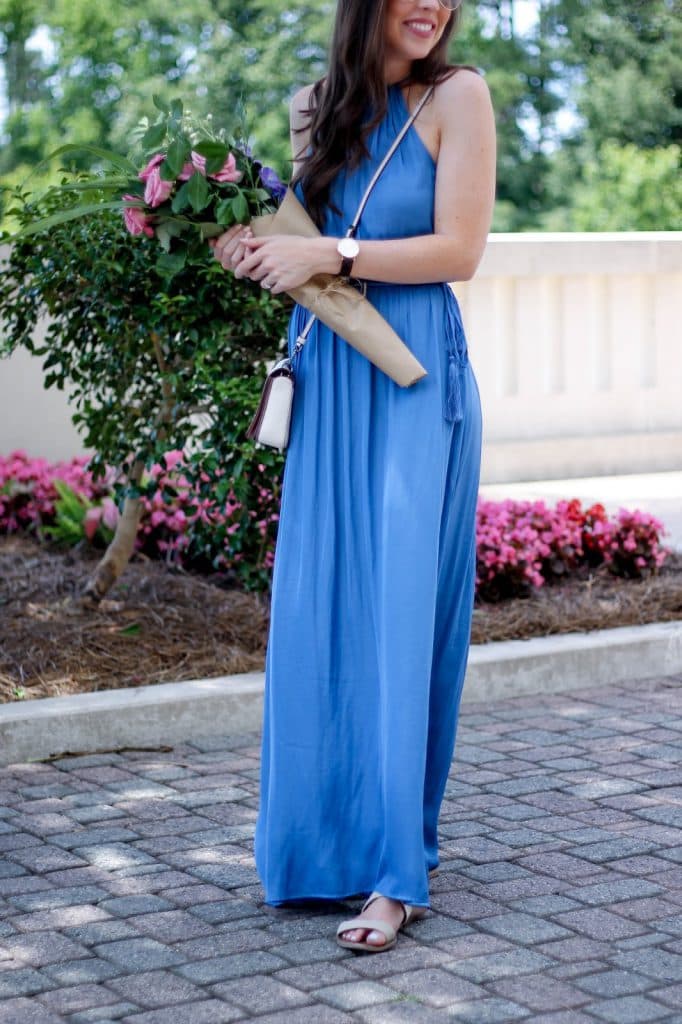 How to Wrap a Flower Bouquet as a Gift, Blue Maxi Dress with Tassels, LOFT maxi dress for summer, summer outfit idea, fresh flower DIY bouquet, pretty in the pines, make your own bouquet, fashion blogger north carolina, shelby vanhoy