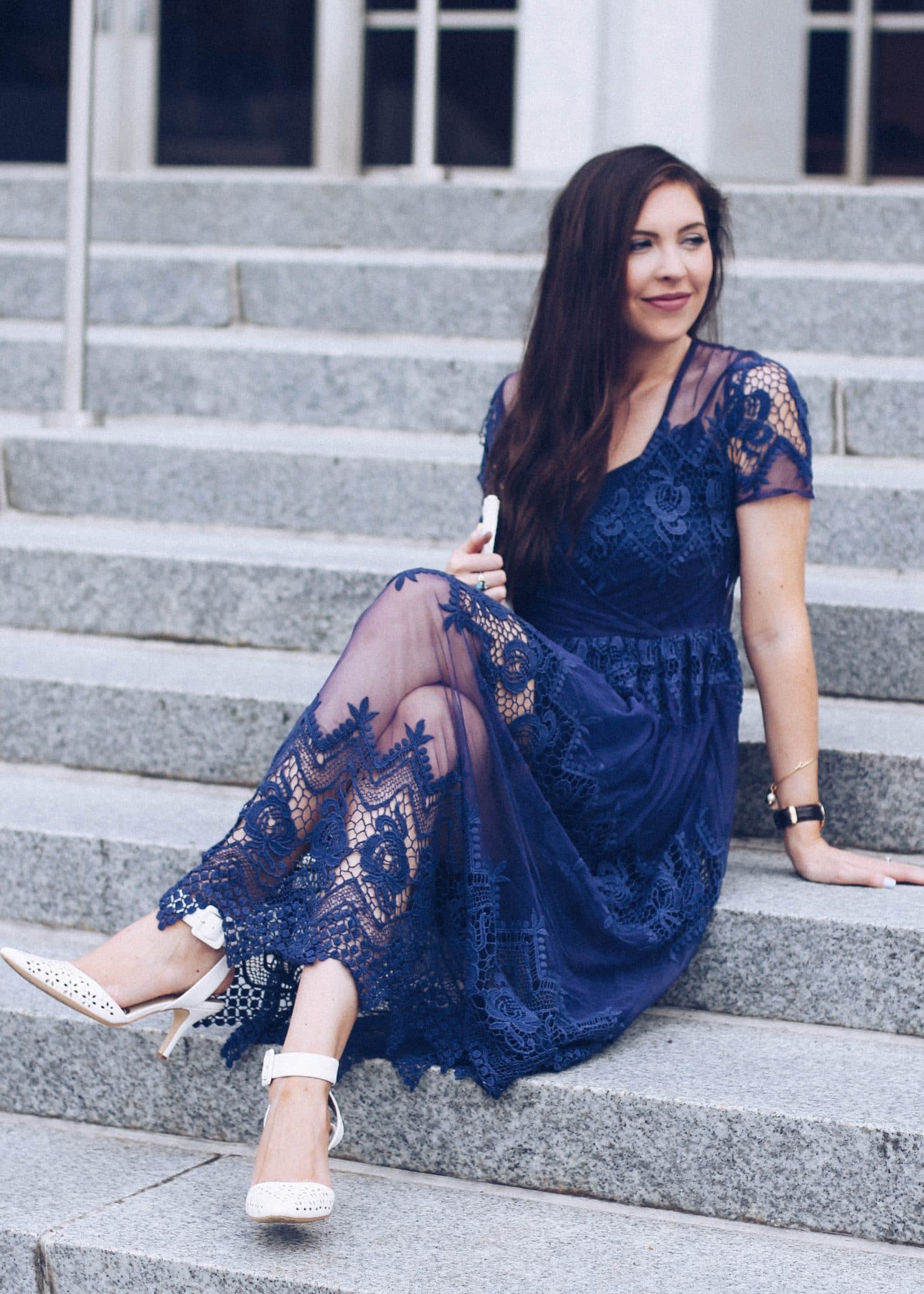 Navy Blue Lace Mesh Midi Dress by ASOS, pretty in the pines, fall wedding outfit idea