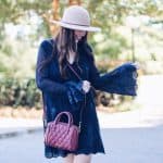 vera bradley quilted crossbody in claret, pretty in the pines blog, outfit idea for fall, embroidered lace bell sleeve dress, tan floppy hat