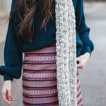 chunky knit scarf, express scarves, loft striped skirt, pretty in the pines blog, north carolina blogger, topshop navy sweater nordstrom, grey suede over the knee boots