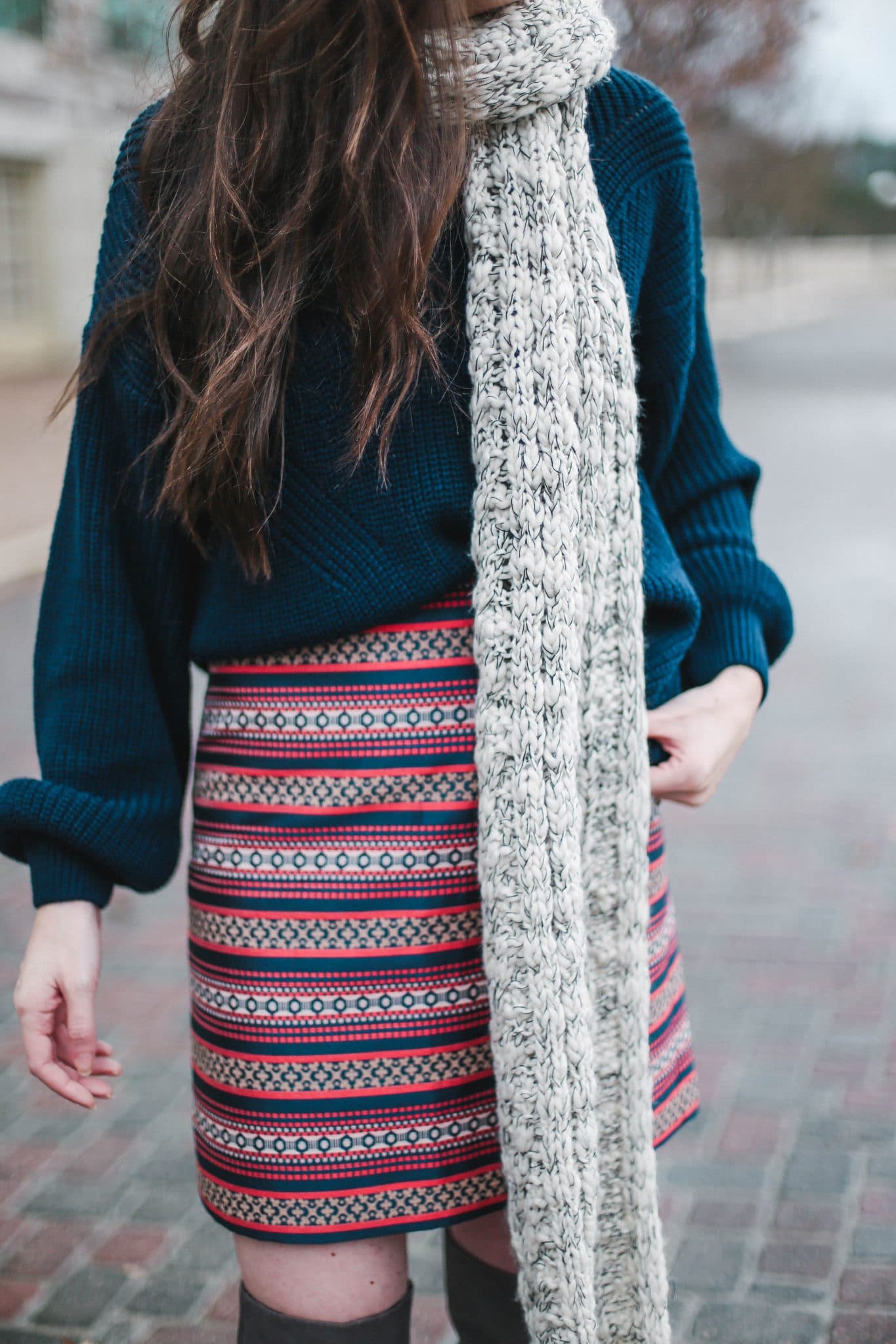 chunky knit scarf, express scarves, loft striped skirt, pretty in the pines blog, north carolina blogger, topshop navy sweater nordstrom, grey suede over the knee boots