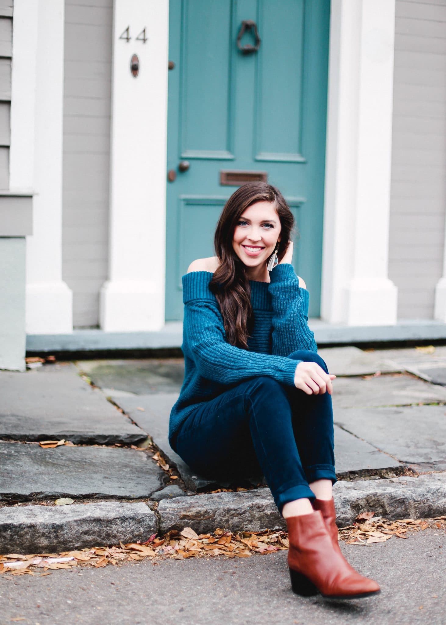 Navy blue off the shoulder sweater hot sale