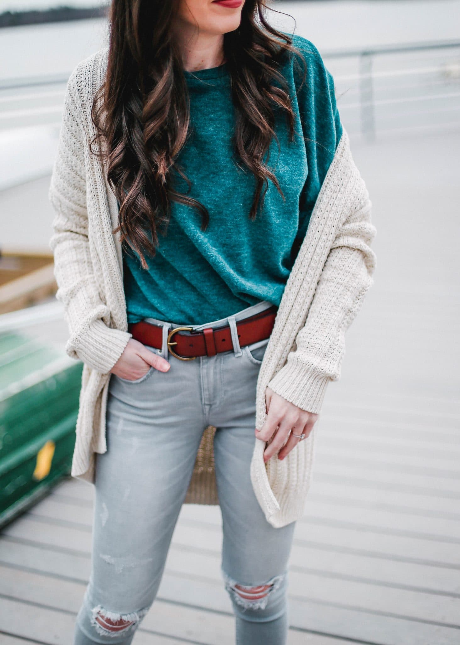 gap cardigan cream sweater, grey distressed skinny jeans, wayf nordstrom ruffle sleeve top, pretty in the pines blog, north carolina blogger, nc blog