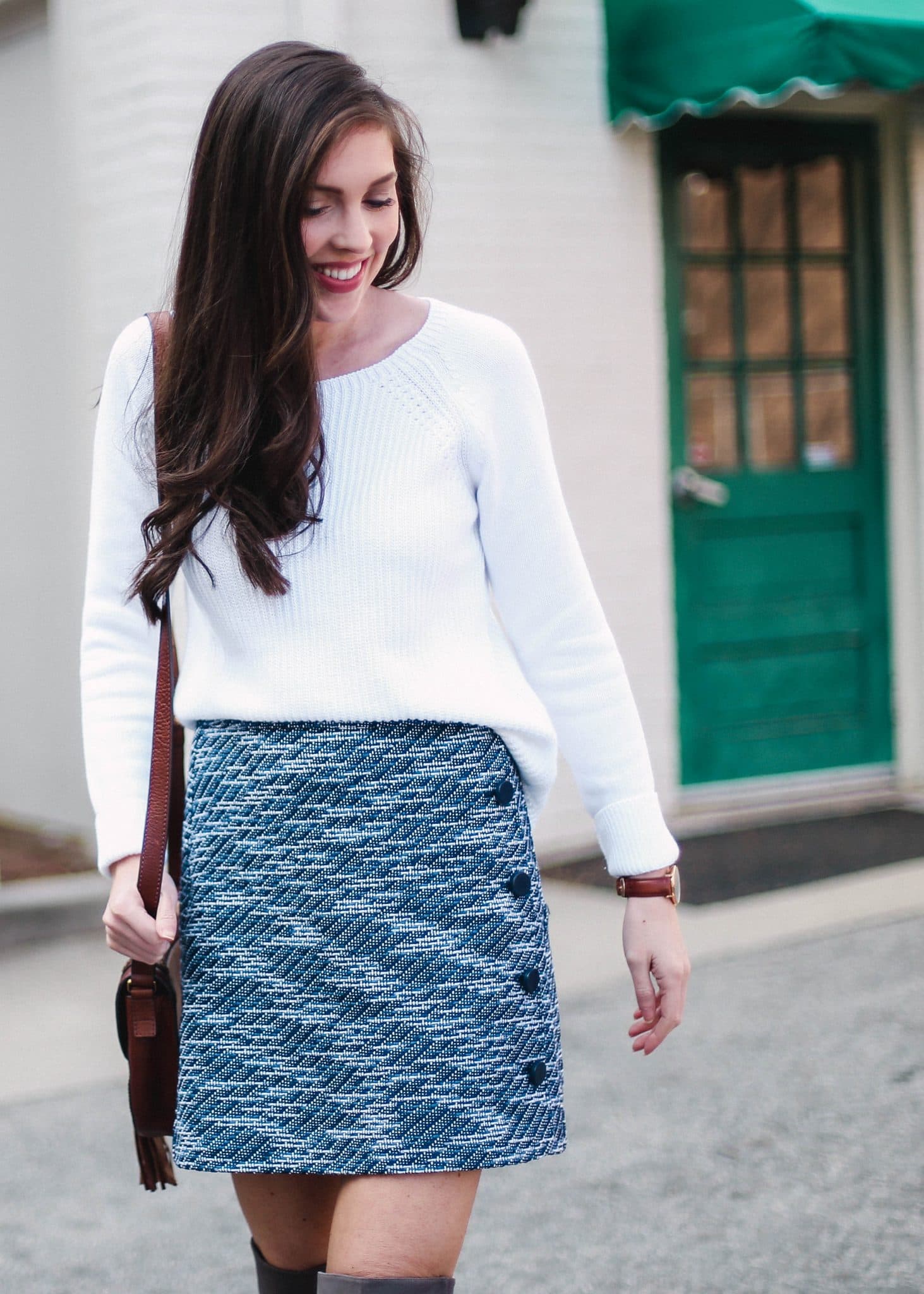 Loft blue tweed mini skirt, pretty in the pines blog