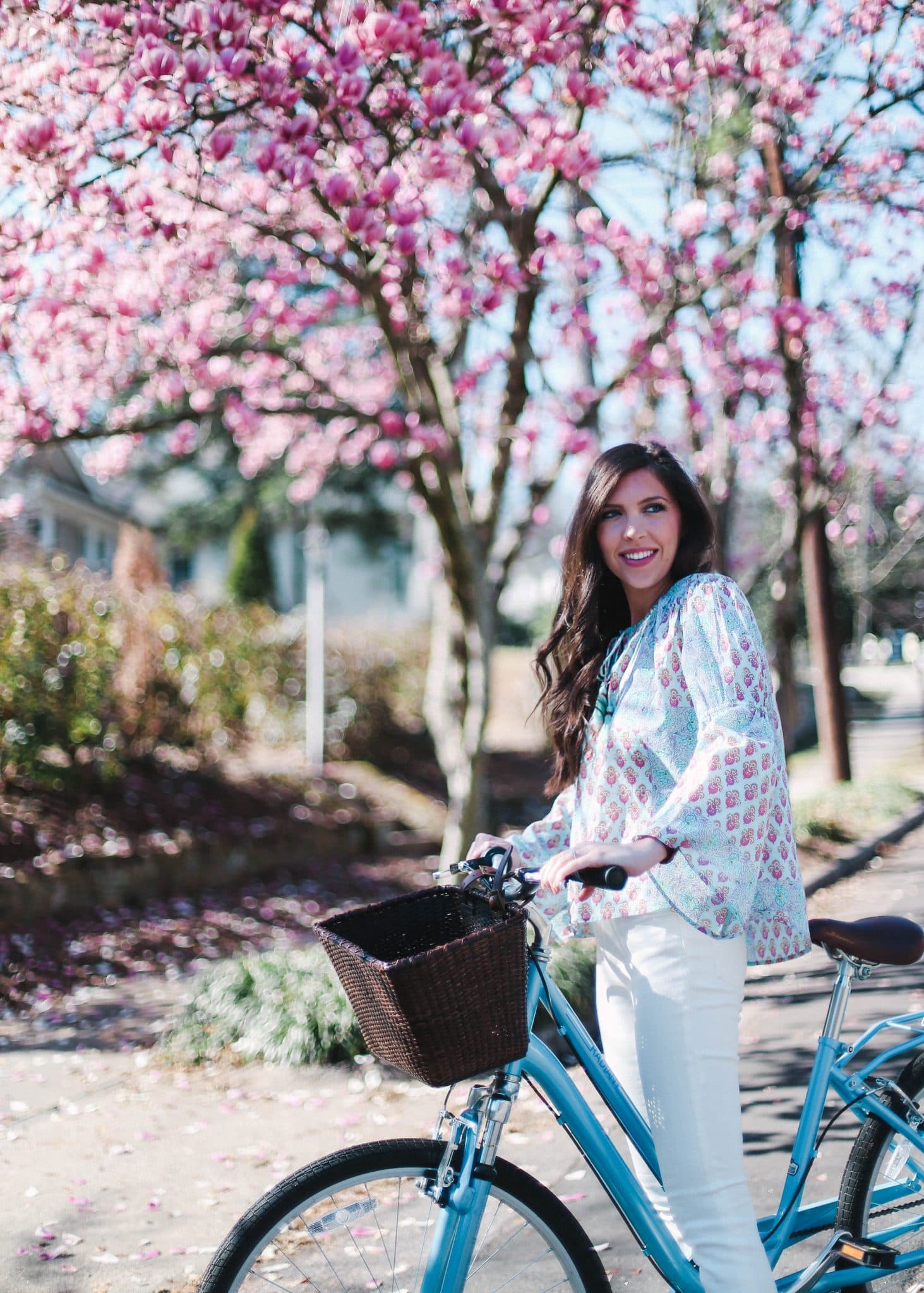 lilka anthropologie pajama top, pretty in the pines blog, white pilcro denim, spring outfit idea, bicycle photograph idea