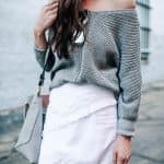 Grey Sweater, White Fringe Skirt