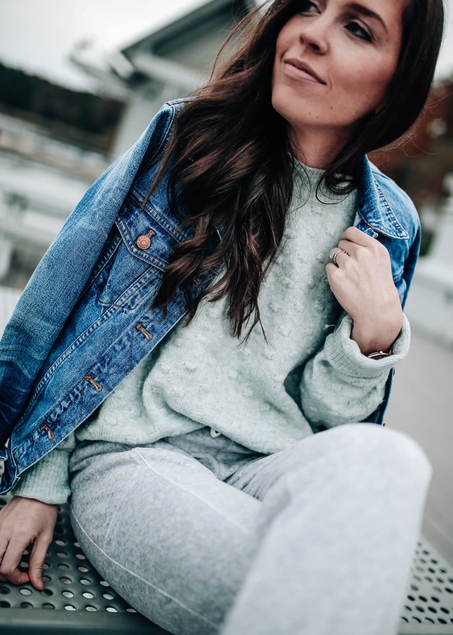 Denim jacket and grey joggers hot sale